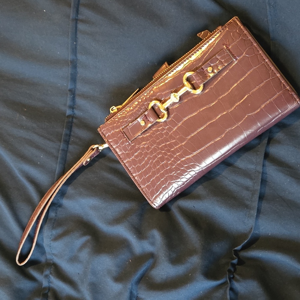 Anne Klein| Brown Crocodile-Embossed Wristlet